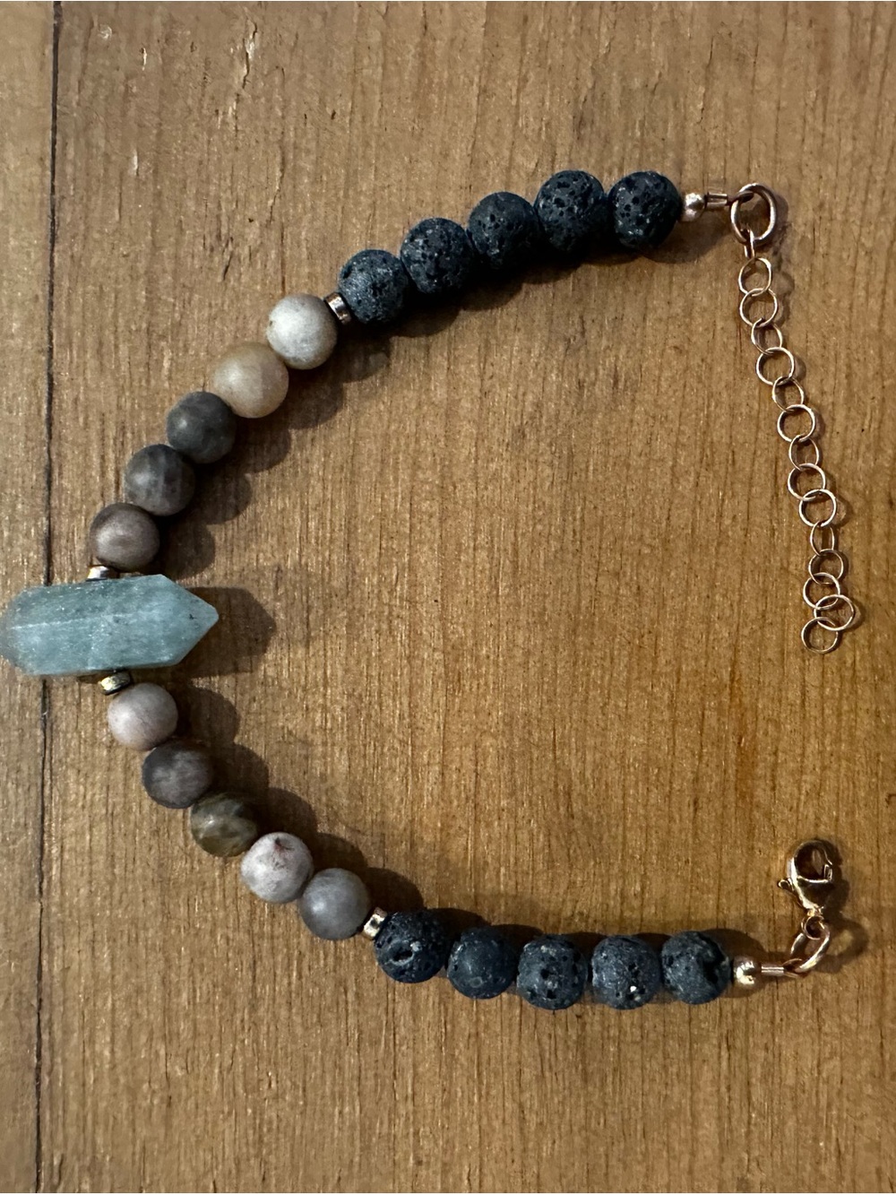 Beaded Lava Stone and Aquamarine Accent Bracelet - Black & Light Blue